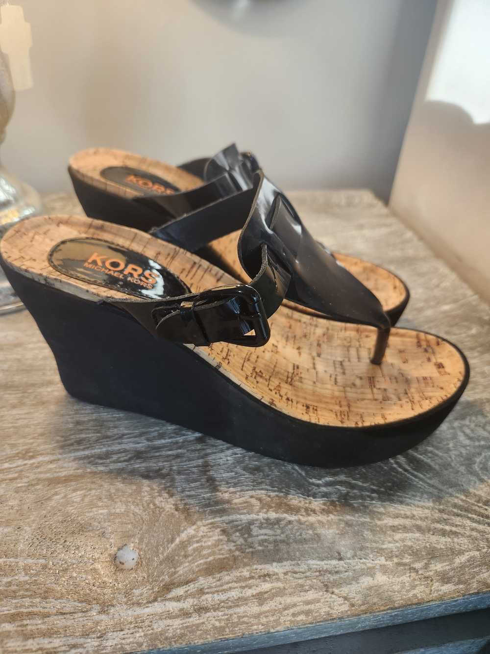 Michael Kors Black Patent Wedge Thong Sandals with Cork-Effect Footbed